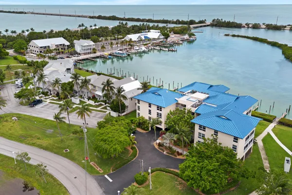 an aerial view of residential houses with outdoor space and lake view