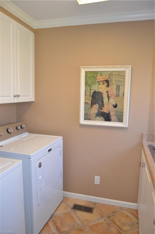 952 Bryanplace Road Winston-Salem, NC 27104 - Photo 14 of 30 Convenient main level laundry room renovated 2002: crown molding, cabinets, utility sink, ceiling light, tile floor and double roll out windows added.