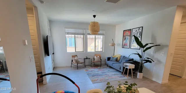 a living room with furniture a rug potted plant and a window