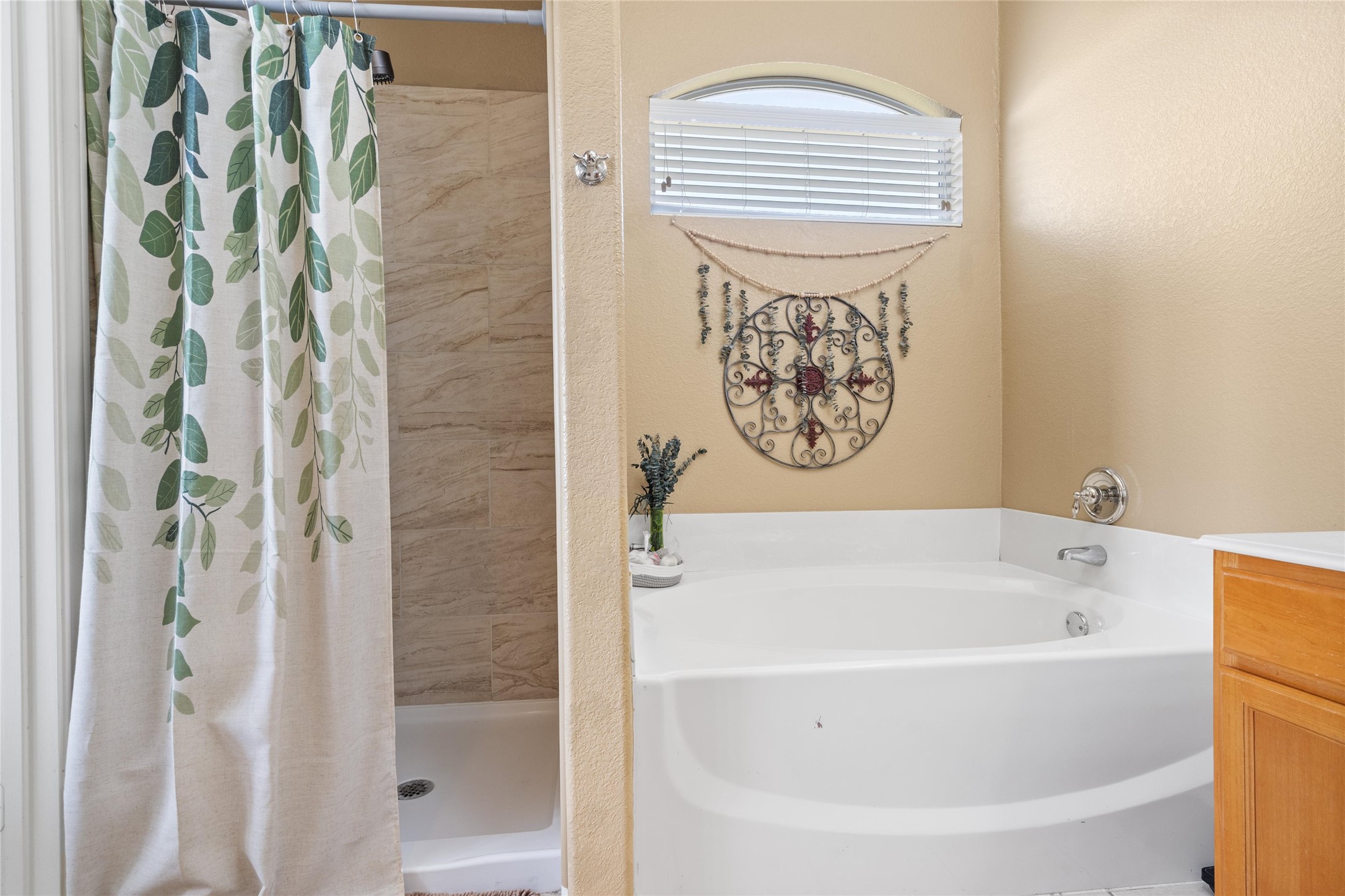 149 Dropper Kyle, TX 78640 - Photo 19 of 33 Tiled walk-in shower stands adjacent to a deep soaking tub beneath arched window details.