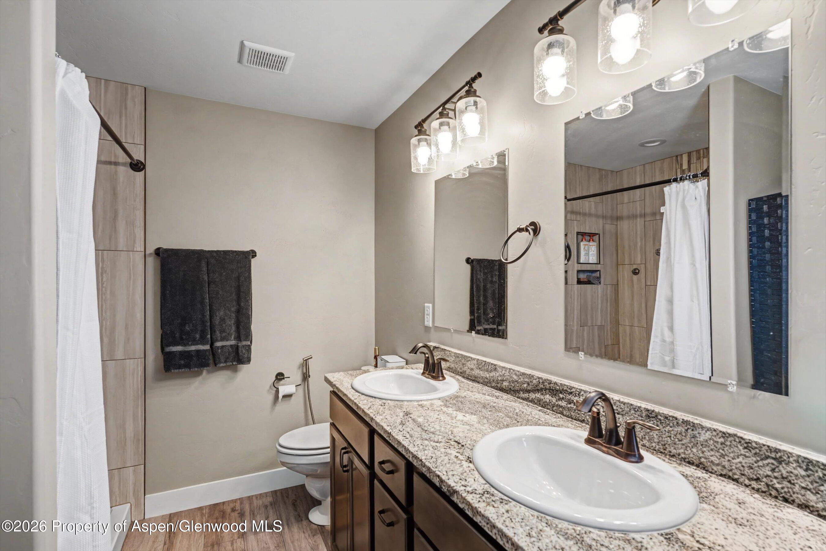 157 Willow Circle Rifle, CO 81650 - Photo 14 of 18 a bathroom with a granite countertop sink toilet a mirror and vanity