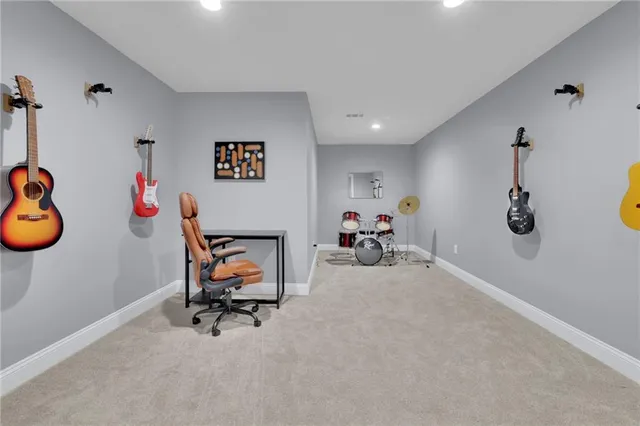 a view of a park with large trees