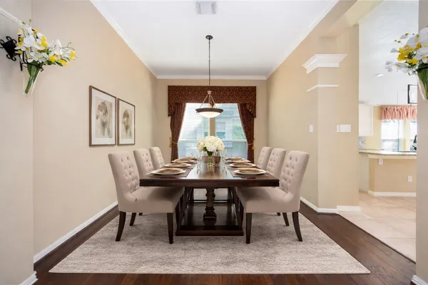 a view of a dining room with furniture window and wooden floor