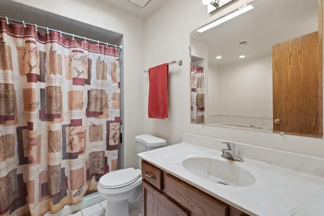 a bathroom with a sink toilet vanity and shower