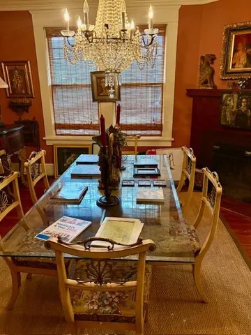 a view of a dining room with furniture