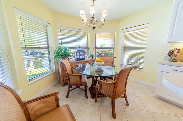 a dining room with furniture and window