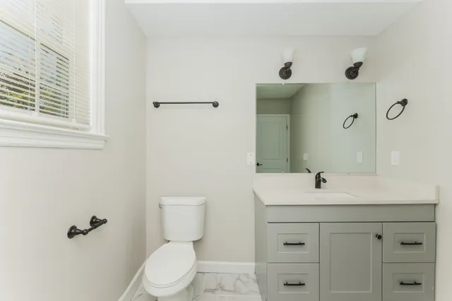 a bathroom with a sink a toilet and mirror