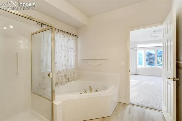 a bathroom with a bathtub and a shower