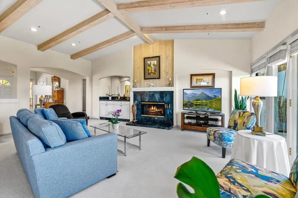 a living room with fireplace furniture and a flat screen tv