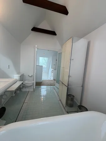 a living room with a couch and a potted plant