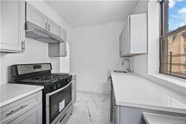 a kitchen with stainless steel appliances a sink stove and cabinets