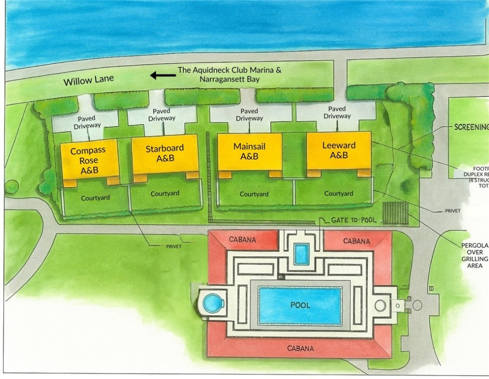 0 Willow Lane, Unit LEEWARD A Portsmouth, RI 02871 - Photo 2 of 14 Site Plan of Marina Village Townhomes and The Tower pool pavilion with cabanas