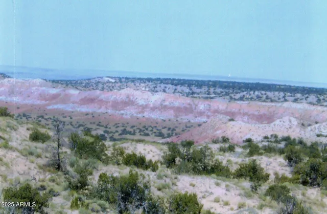 an aerial view of a houses with a yard and mountain view