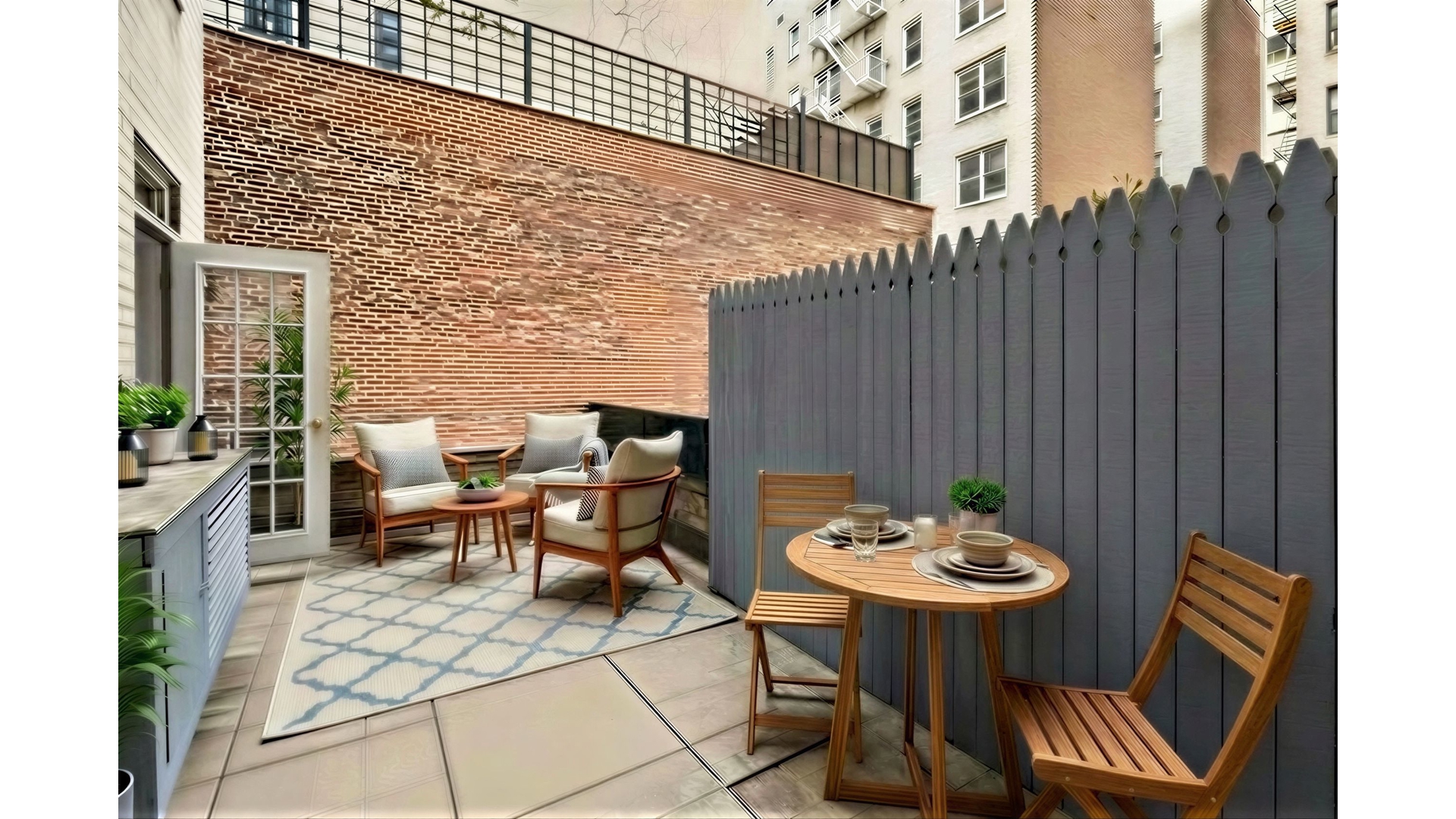 140 7th Avenue, Unit 1P Manhattan, NY 10011 - Photo 2 of 10 a backyard of a house with table and chairs