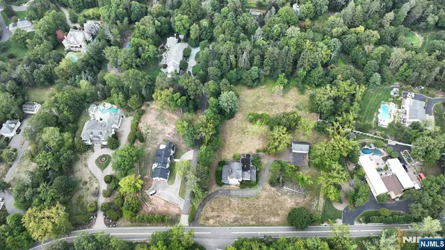 an aerial view of residential houses with outdoor space and trees