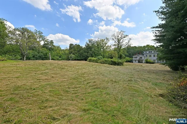 a view of a field with an trees in the background
