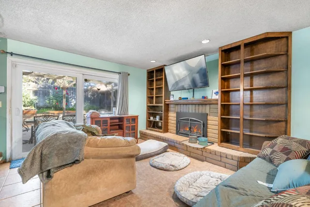 a living room with furniture and a fireplace