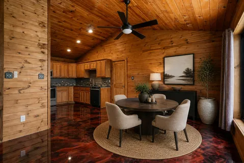 a dining room with furniture and wooden floor