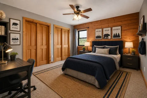 a bedroom with a large bed a desk and chair with windows