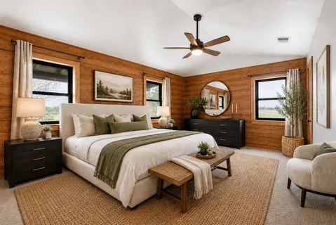 a spacious bedroom with a bed a chandelier and a dresser