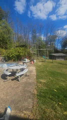 a view of a backyard with plants and a slide