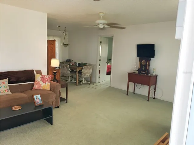 a living room with furniture and a potted plant