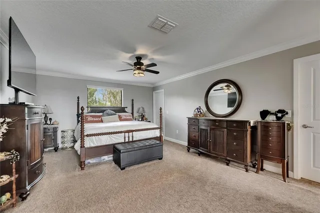 a bedroom with a bed a flat screen tv and a chandelier