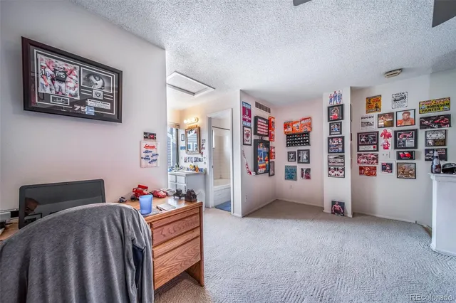 a bed room with a bed and a book shelf