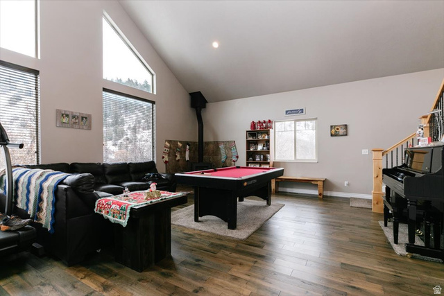 7203 East Cub River Road Preston, ID 83263 - Photo 10 of 33 Game room featuring dark wood-style floors, billiards, and vaulted ceiling