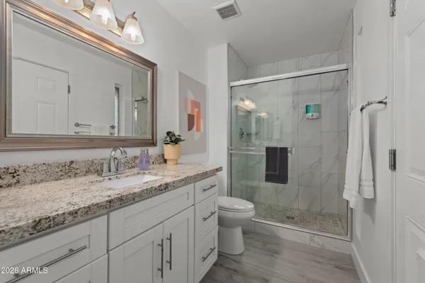 a bathroom with a granite countertop sink a toilet and shower