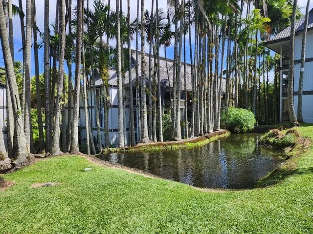 a view of a lake with houses in the back