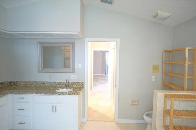 a bathroom with a granite countertop sink and a mirror
