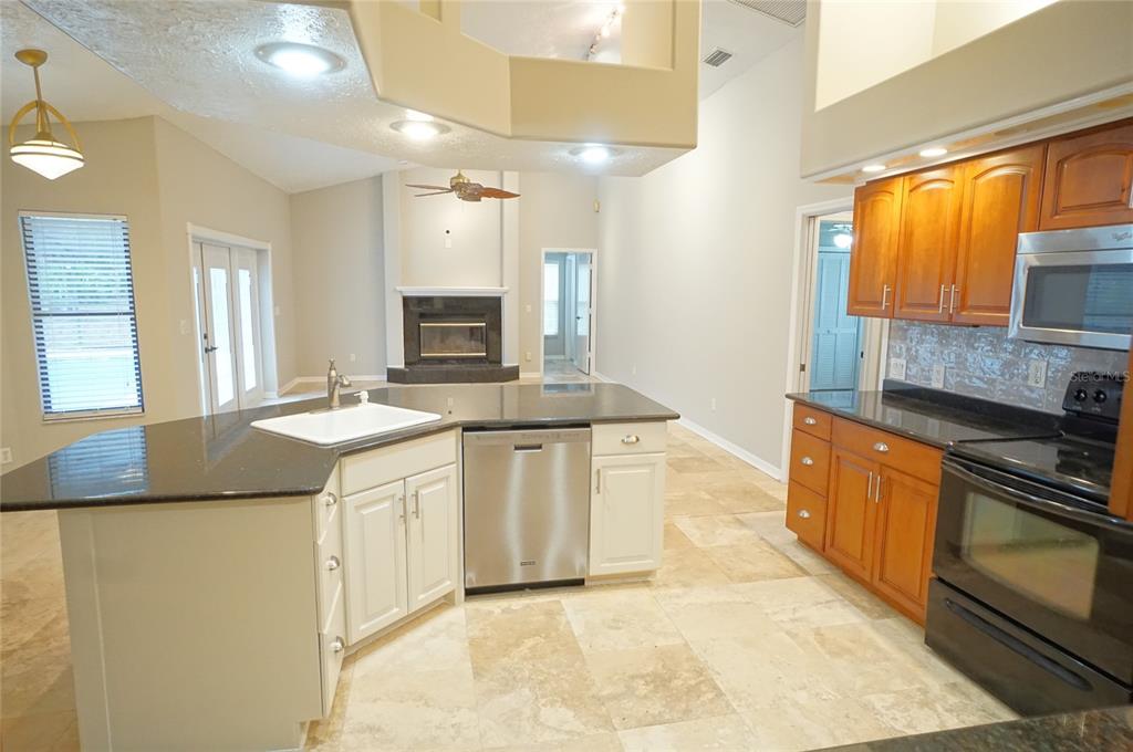3807 Turkey Oak Drive Valrico, FL 33596 - Photo 38 of 44 a kitchen with stainless steel appliances granite countertop a stove a sink and a microwave