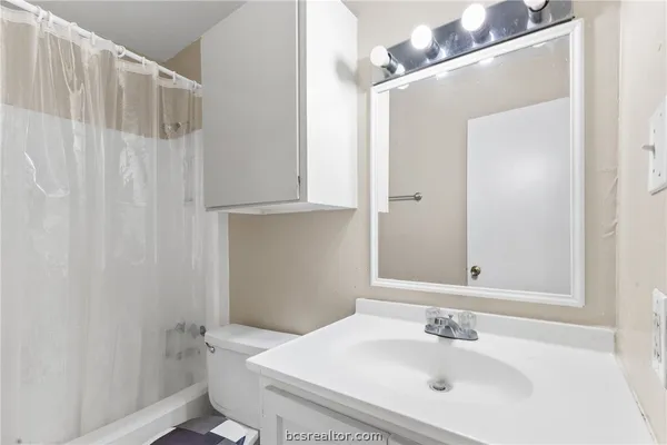 a bathroom with a sink a toilet and shower curtain
