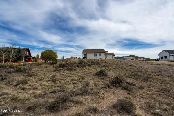 a view of a dry yard with wooden fence