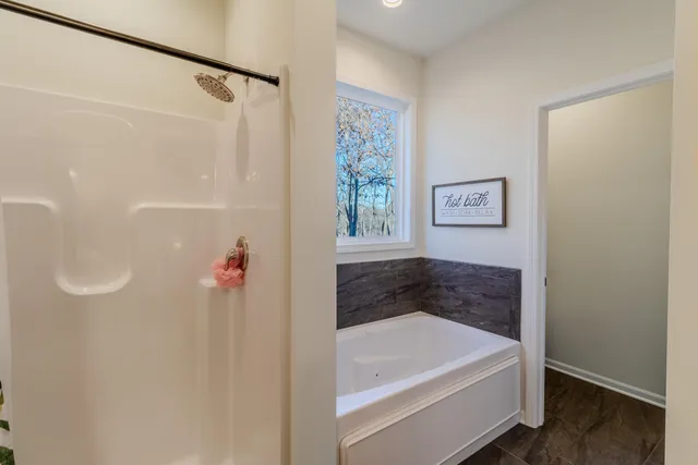 a bathroom with a bathtub and a shower
