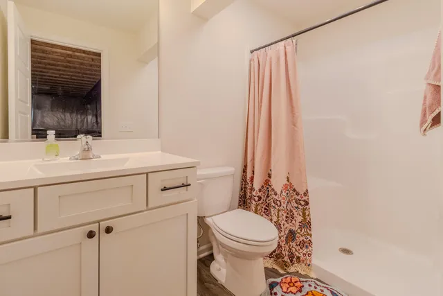 a bathroom with a sink a toilet and shower