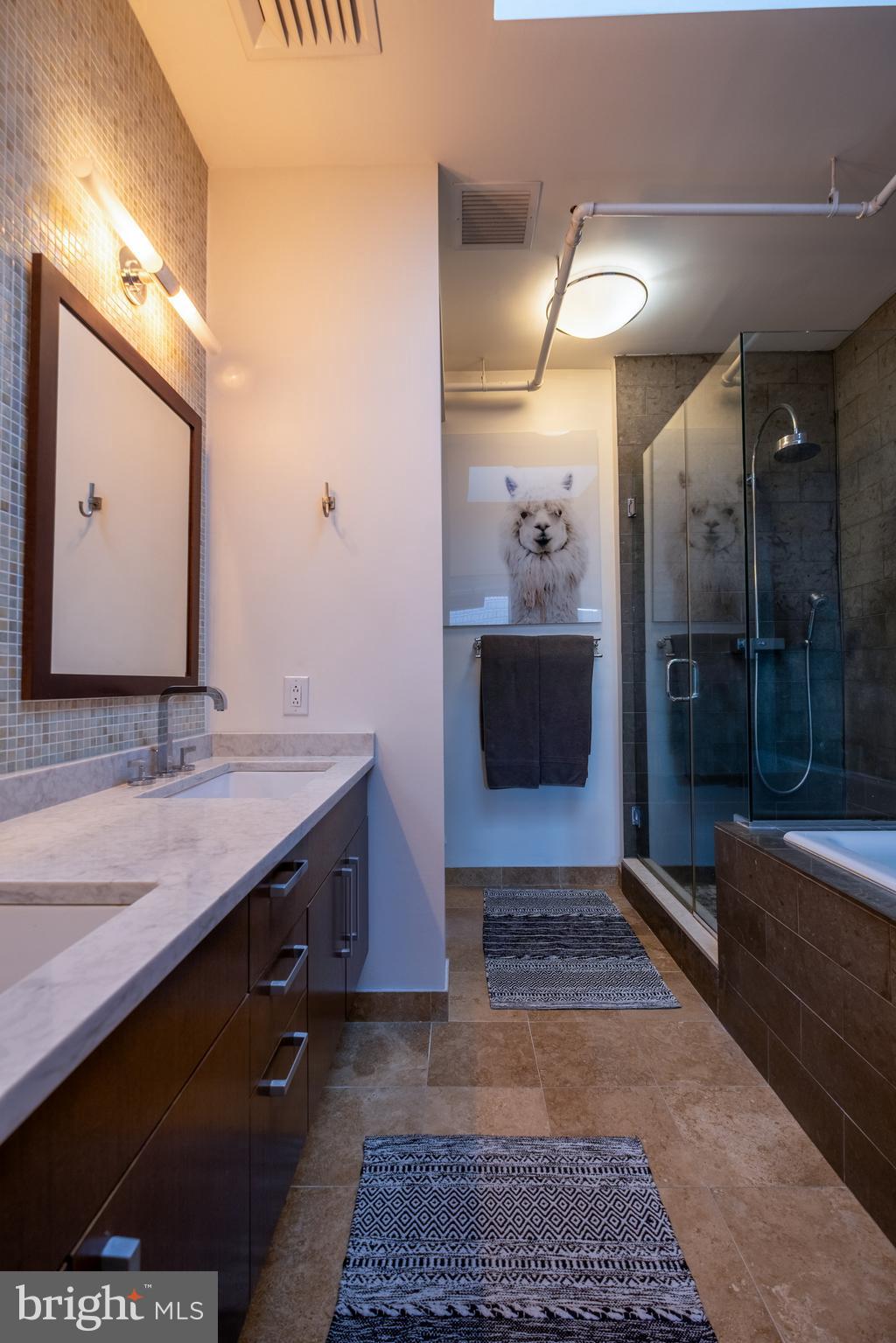 1228 Arch Street, Unit 8D Philadelphia, PA 19107 - Photo 20 of 26 a bathroom with a sink a large mirror and a shower