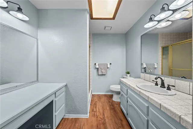 a bathroom with a sink a toilet and mirror