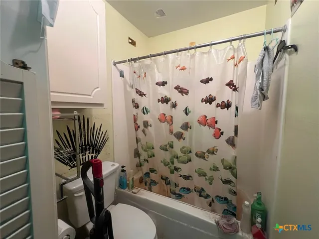 a bathroom with a shower curtain and a curtain
