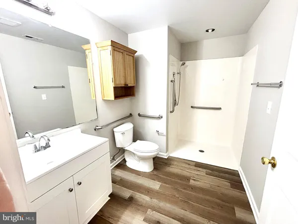 a bathroom with a sink toilet a shower and vanity