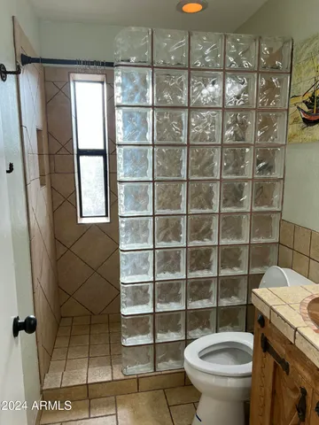 a bathroom with a toilet and a shower