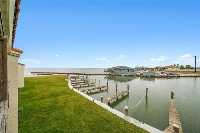 a view of a lake with a outdoor space