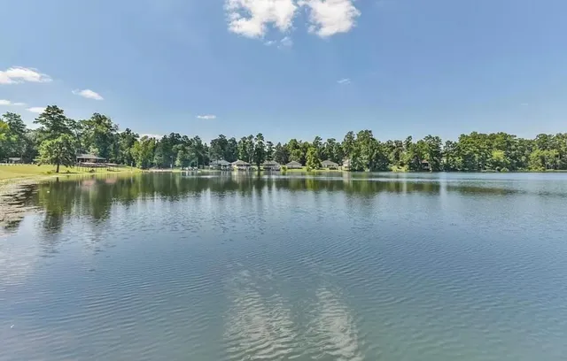 a view of a lake with houses in the back