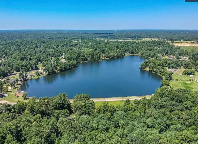 an aerial view of residential houses with outdoor space and lake view
