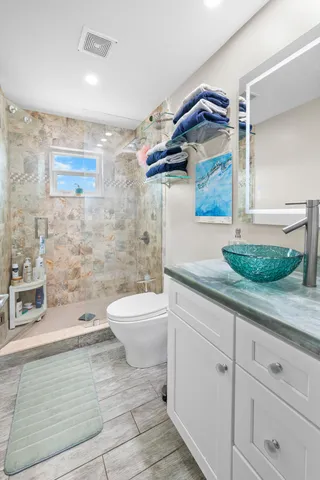 a bathroom with a sink a toilet and shower