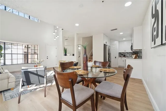 a view of a dining room with furniture