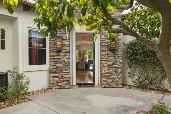 front view of a brick house with a large tree