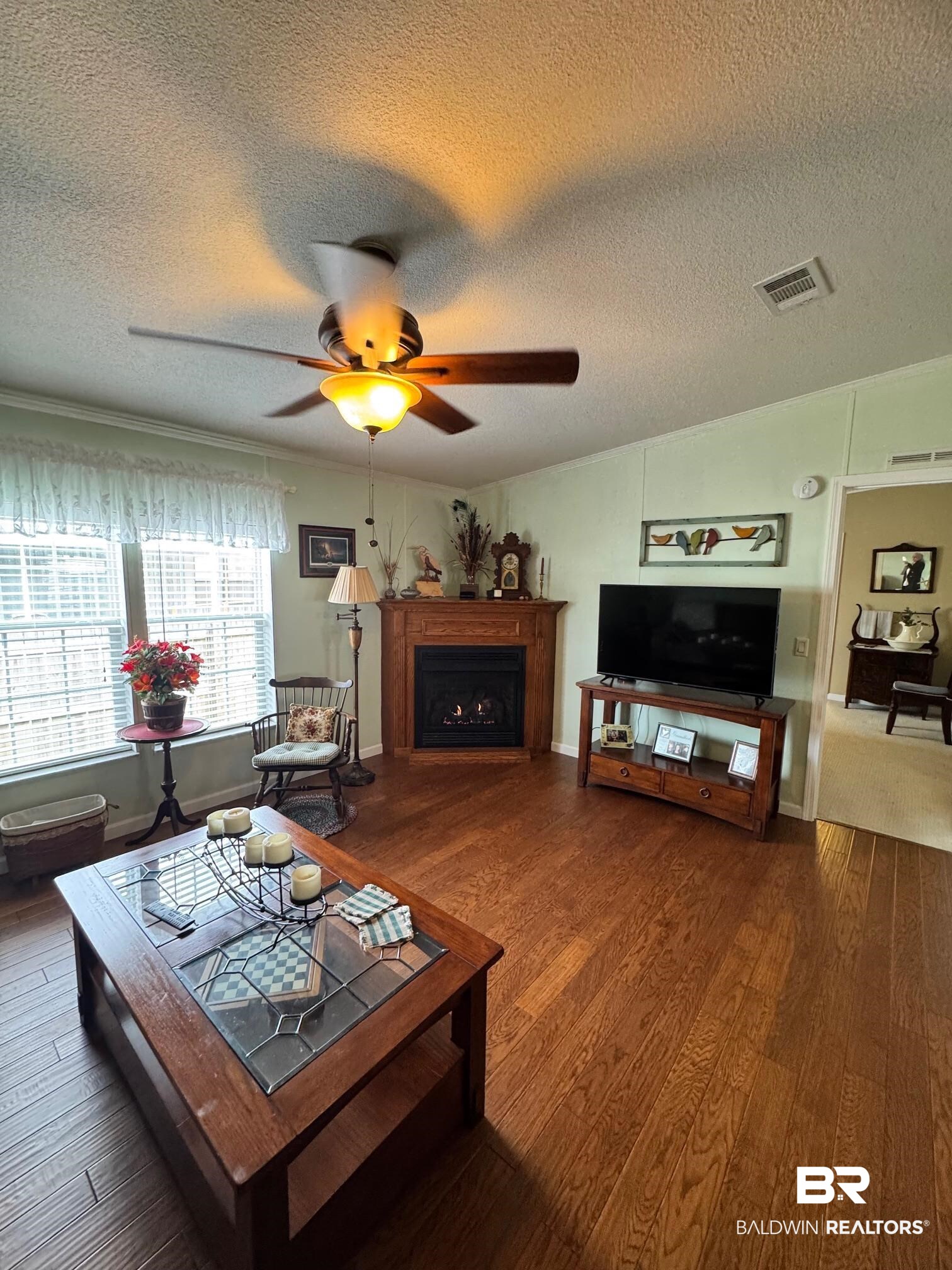 1165 Santa Anna Lane Lillian, AL 36549 - Photo 10 of 43 Living area with a fireplace, visible vents, dark wood finished floors, and a ceiling fan