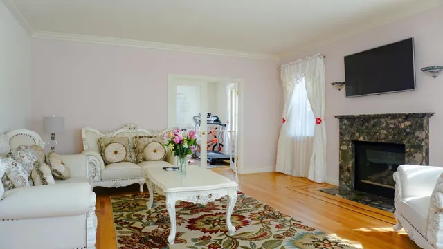 a living room with furniture and a fireplace